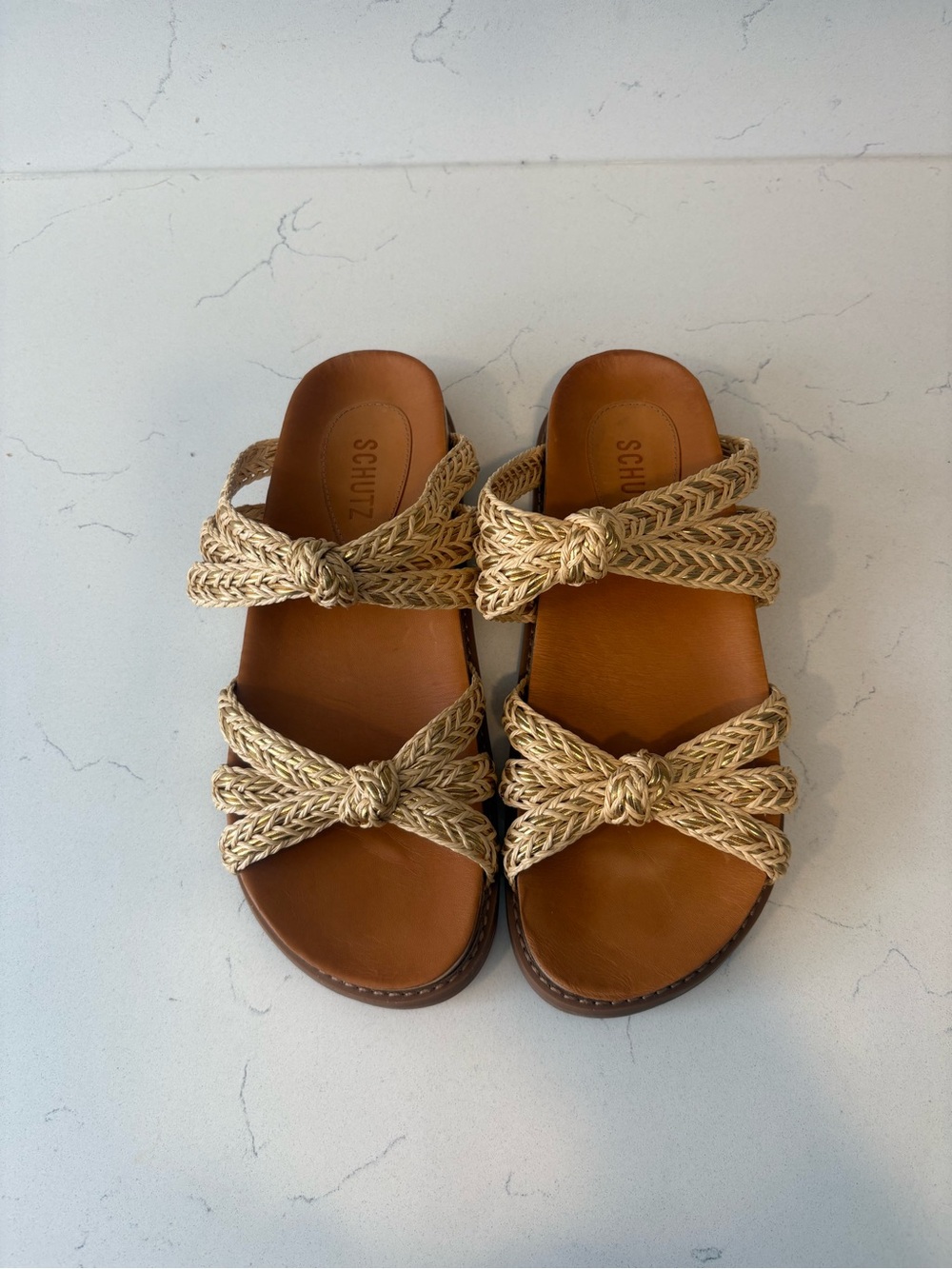 SCHUTZ Natural Tan Braided Knot Slide Sandals